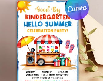 May include: A vibrant invitation for a kindergarten graduation and summer celebration. The design includes a sun, ice cream cart, gifts, and the text "Good By Kindergarten Hello Summer Celebration Party!" with event details.