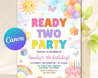 Ready Two Party Invitation Template, Girl 2nd Birthday Invite, Spring Party Invitation, Pastel Balloon Invitation, Digital Download
