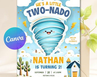 Twonado Birthday Invite, Tornado Invitation, Twister Party Invitation, Storm Theme Birthday, Editable Canva Template, Digital Download
