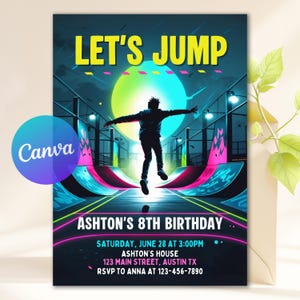 Trampoline Park Party Invite for Trampoline Birthday Party Invitation, Teen Parkour Birthday Invitation, Lets Jump Party, Canva Template