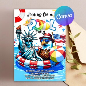 4th of July Pool Party Invitation, Independence Day Pool Party Patriotic Invite Editable Template Instant Download