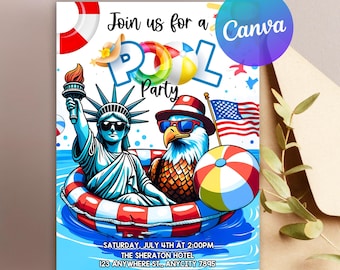 Invitación a fiesta en la piscina del 4 de julio, invitación patriótica para fiesta en la piscina del Día de la Independencia, plantilla editable, descarga instantánea