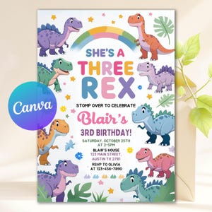 Girl Dinosaur Birthday Invitation Cute Dino Pink & Purple Birthday Party Invite, Jurassic Pink T-rex Editable Digital Download Template