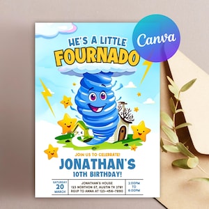 Invitación editable para fiesta de cumpleaños de tornado, invitación de Fournado, segundo cumpleaños, cuarto cumpleaños, invitación para fiesta de tormenta, descarga instantánea