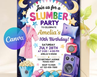 Editable Slumber Party Birthday Invitation Sleepover Spa Night Birthday Invite Tween Teen Girls Pajama Party Digital Printable Template