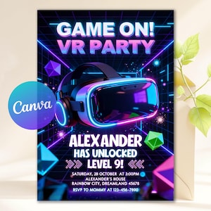 May include: A vibrant invitation for a VR party. The design features a VR headset with neon blue and purple accents, set against a grid background. Text includes "GAME ON! VR PARTY" and "ALEXANDER HAS UNLOCKED LEVEL 9!"