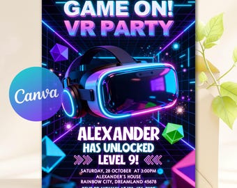 Invito di compleanno per realtà virtuale, inviti per feste VR, inviti di compleanno per ragazzi gamer, invito di compleanno per videogiochi, modello Canva