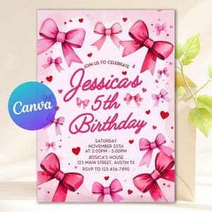 Pink Bow Theme Birthday Invite Pink Bow Birthday Bow Invite Coquette Bow Birthday Girl Birthday Invite Coquette Birthday Invitation Cute