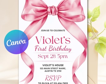 Editable Coquette Pink Bow Birthday Invitation, Pink Bow Birthday Invitation, Ribbon Birthday Invitation, Pink Coquette Bow Invite Canva