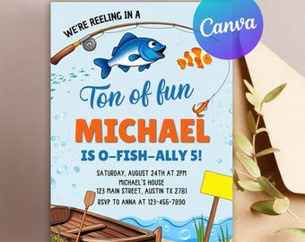 Plantilla editable de invitación de cumpleaños de pesca, invitación de pesca, invitación de cumpleaños de pesca, disfruta de la diversión, invitación de cumpleaños de niño imprimible