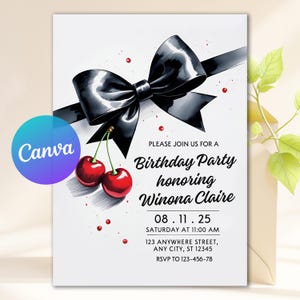 May include: A birthday party invitation featuring a large black bow and two red cherries. The invitation text reads "Please join us for a Birthday Party honoring Winona Claire" with date, time, and location details.