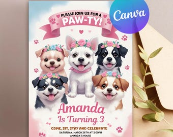 Dog Themed Birthday Invitation Editable Template, Let's Pawty Puppy Theme Invite, Kids Girl Party Printable, Instant Digital Download File