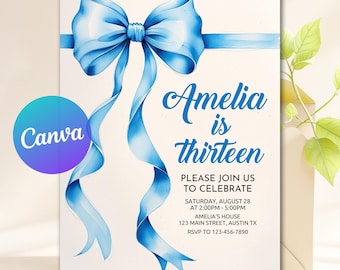 Editable Blue Bow Birthday Invitation, Blue Bow Girl Birthday Invite, Blue Girl Ribbon Minimalist Birthday Invitation, Canva Template