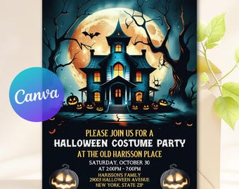 Halloween Invitation, Haunted House Halloween Costume Party Digital Invite, Halloween Party, Editable Canva Template, Instant Download