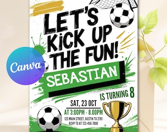 Soccer Birthday Invitation, Let's Kick it Soccer Invite, Sports Theme, Kids Football Birthday, Instant Download, Digital Template