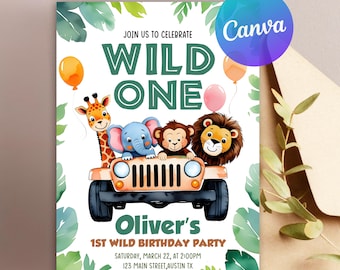 Safari Primer Cumpleaños Evite, Cumpleaños Salvaje, Invitación Digital para Primer Cumpleaños, Primer Cumpleaños en la Jungla, Fiesta de Animales de la Jungla, Plantilla de Canva