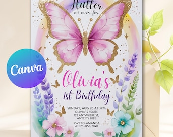 Editable Pink Purple Butterfly Birthday Invitation, A Little Butterfly Birthday Invite, Pink Butterfly Floral Birthday, Instant Download