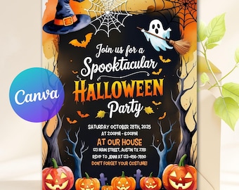 Bewerkbare uitnodiging voor Halloween-feest, Spooky Pumpkin-thema, Spooktacular Ghost-uitnodiging voor feest, Instant Download, Canva-sjabloon