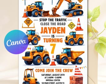 May include: A construction-themed birthday invitation featuring orange construction vehicles and traffic cones. The invitation reads "Stop the Traffic, Close the Road, Jayden is Turning 7." Additional text includes event details and RSVP information.