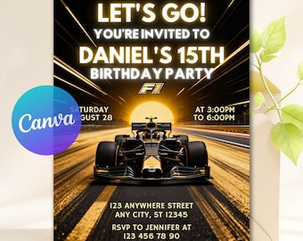 Invitación editable para fiesta de F1, fiesta de carreras, invitación de carreras, plantilla editable de Canva, descarga digital