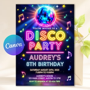 Editable Disco Party Birthday Invitation, Disco Gender Neutral Invites, Dance Party Template, Neon Party Invites Editable Canva Template