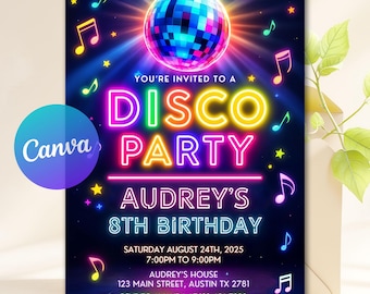 Editable Disco Party Birthday Invitation, Disco Gender Neutral Invites, Dance Party Template, Neon Party Invites Editable Canva Template