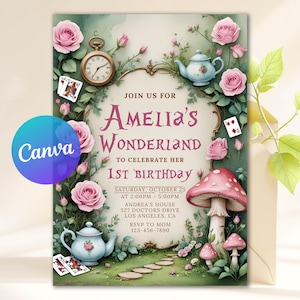 Puede incluir: Invitación para el 1er cumpleaños de Amelia, con temática de Wonderland. El diseño presenta rosas rosas, setas, un reloj de bolsillo y teteras. El texto incluye detalles del evento e información de RSVP.