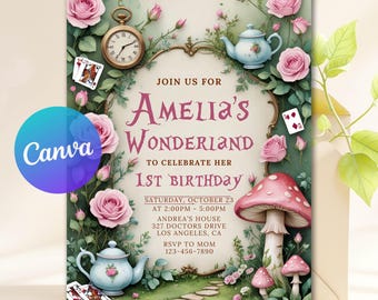 Alice in Onderland-uitnodiging, grillige Mad Tea Party Invite, 1e verjaardag uitnodigen, bewerkbare sjabloon, Instant Download afdrukbare uitnodiging