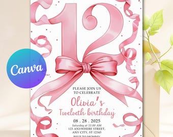 Pink Bow Birthday Invite, Girls 12th Birthday Invitation, Pink Ribbon Invite, Pink Coquette Bow Invites, Editable Template, Instant Download