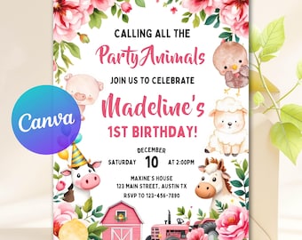 Puede incluir: Una invitación de fiesta con ilustraciones de animales de granja y flores. El texto dice "Party Animals" y "¡1er Cumpleaños de Madeline!" con detalles del evento. Se ve un logotipo de Canva.