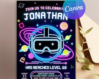 May include: A neon-style invitation with a black background, featuring a virtual reality headset, planets, and stars. The text reads "JOIN US TO CELEBRATE JONATHAN HAS REACHED LEVEL 10". Additional details include the date, time, and location.