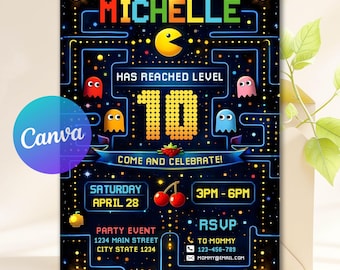 Editable Arcade Birthday Invitation, Retro Gaming Invitation, Boys Gamer Party, Video Game Party, Canva Template, Instant Download