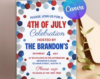 4th of July Invitation Template, Patriotic Celebration Invite Editable Canva Design, Red White & Blue Fireworks Printable, Instant Download