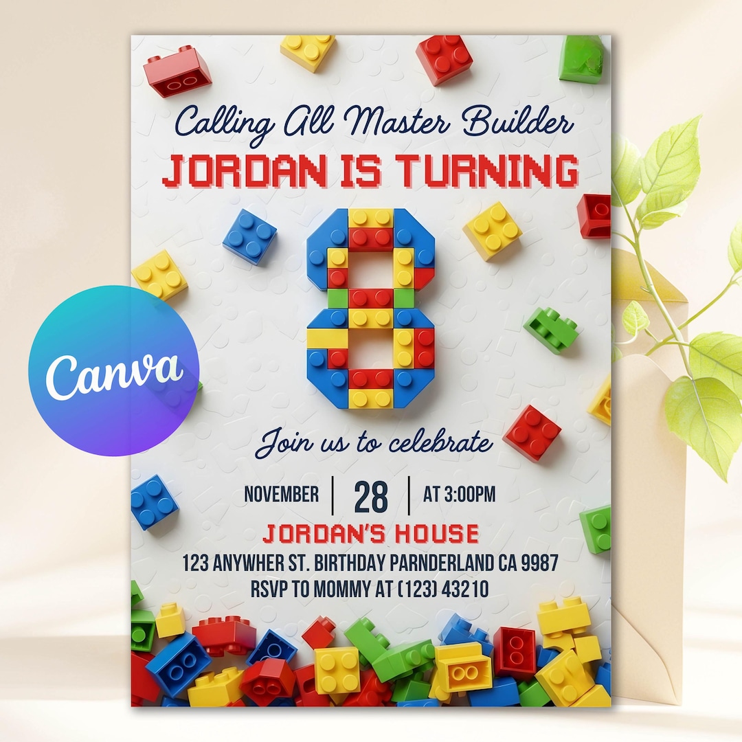 8th Building Blocks Invitation, Construction Theme Party Invite, Bricks ...