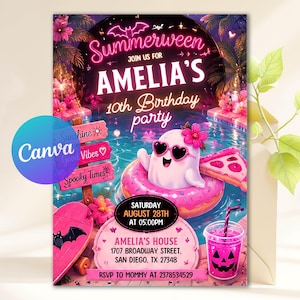 May include: A digital invitation for Amelia's 10th birthday party featuring a ghost in heart-shaped sunglasses floating in a pink donut pool float. The design includes neon text, a wooden signpost, a slice of pizza, and a jack-o'-lantern drink cup.