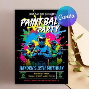 May include: A black paintball party invitation with vibrant paint splatter designs. The invitation features three figures in paintball gear, the text "PAINTBALL PARTY", and details for Hayden's 12th birthday, including date, time, and location.