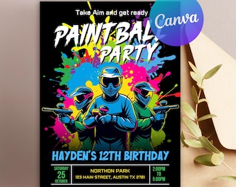 May include: A black paintball party invitation with colorful paint splatter designs. The invitation features three figures in paintball gear, the text "PAINTBALL PARTY", and details for Hayden's 12th birthday, including date, time, and location.