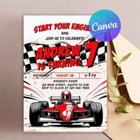 Editable Race Car Birthday Invitation, Racecar Party, Racing Party, Sport Race Car Invite, Boys Invitation, Car Birthday, Canva Template