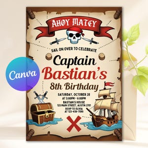 Puede incluir: Invitación de cumpleaños con temática pirata con el texto "Ahoy Matey" sobre una calavera y huesos cruzados. La invitación incluye una ilustración de barco pirata, un cofre del tesoro y la frase "8º Cumpleaños del Capitán Bastian".