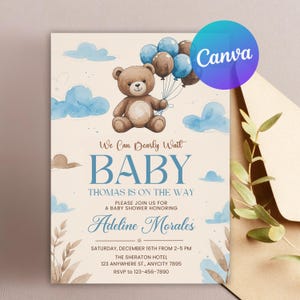 Editable Brown Bear Balloon Baby Shower Invitation, We Can Bearly Wait Baby Shower Invite, Blue Teddy Bear Baby Shower, Instant Download