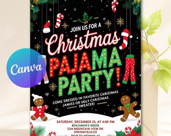 Christmas Pajama Party Invitation, Pajama Invitation, Christmas Party Invitation, Holiday Party Invite, Editable Canva Template