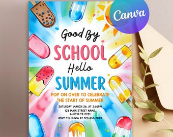 Popsicle End of School Party Invitation, Schools Out Pool Party Invite, Goodbye School Hello Summer Party, Ice Cream Invite, Canva Template