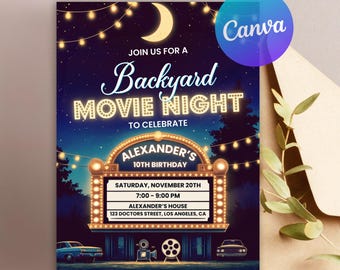 May include: A blue and yellow movie theater marquee invitation for a backyard movie night to celebrate Alexander's 10th birthday. The invitation includes the date, time, and address of the event. RSVP to Jess 123-456-7890 by November 5.