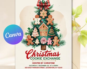 Cookie Exchange Invitation, Holiday Christmas Party, Christmas Cookie Decorating Party Invitation, Editable Canva Template