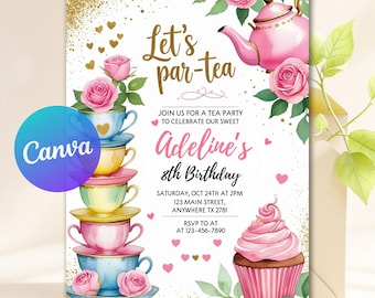 Bewerkbare Tea Party verjaardagsuitnodiging, uitnodiging par-tea, uitnodiging meisje par-tea, roze goud grillig theekransje, bewerkbare canva-sjabloon