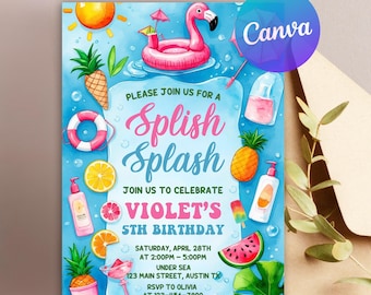 Splish Splash Birthday Invitation, Pool Party Invitation, Girl Summer Tropical Birthday, Canva Template Boy Girl