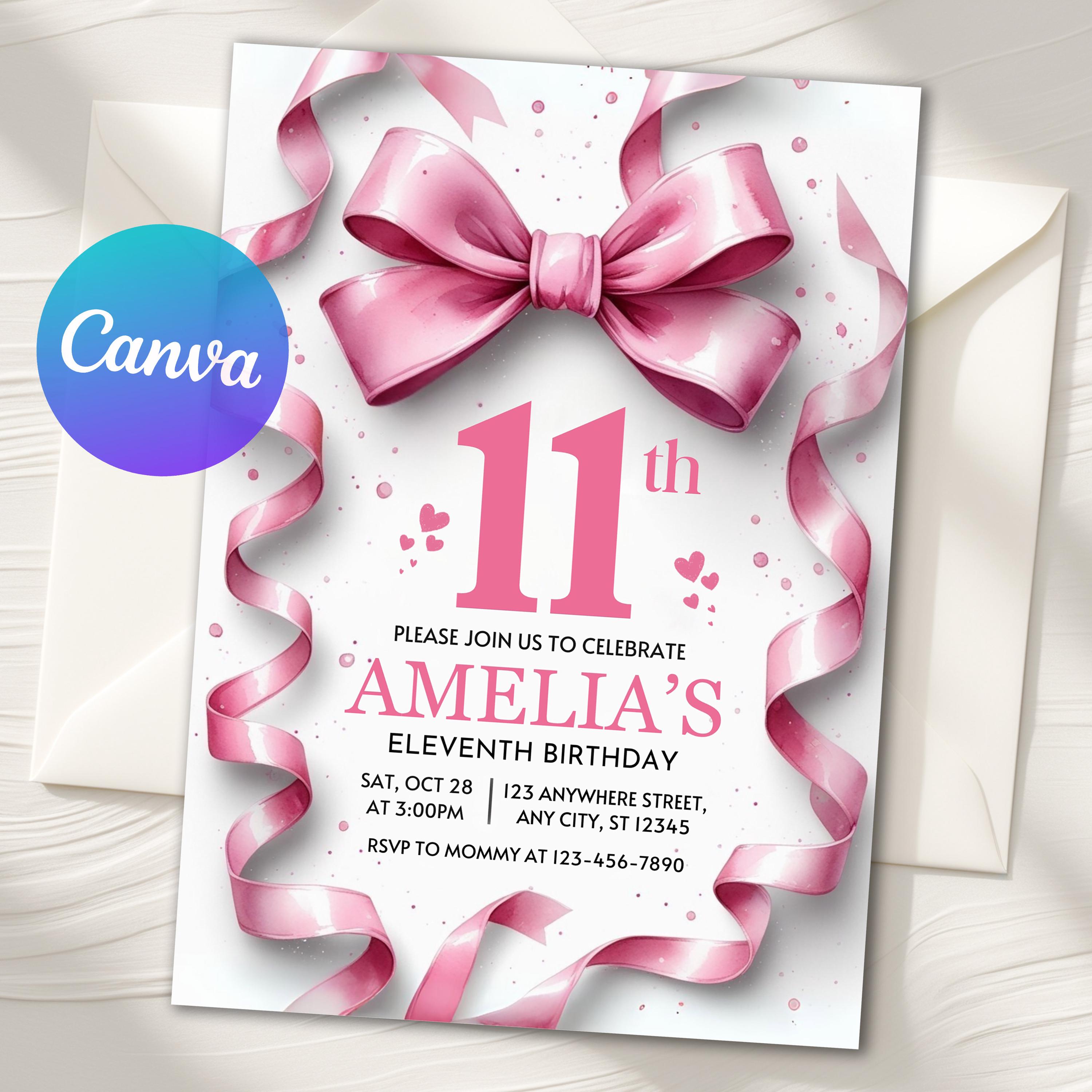 Pink Bow Birthday Invite, Girls 11th Birthday Invitation, Pink Ribbon ...