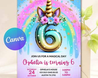 Unicorn 6th Birthday Invitation, Editable Sixth Birthday Invite Girl, Magical Pastel rainbow Invitation, Editable Template, Digital Download