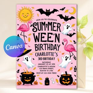 Plantilla editable de invitación para fiesta de cumpleaños de Summerween, fiesta de Halloween en la piscina, disfraz infantil, invitación para nadar, diversión espeluznante, descarga instantánea Canva