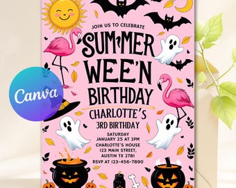 Summerween Birthday Party Invitation Editable Template Halloween Pool Bash Kids Costume Swim Invite Spooky Fun Instant Download Canva